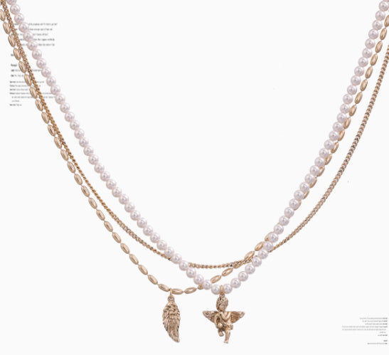 Retro Angel Pearl Feather Necklace – Fog Gold Clavicle Chain with Extension-SH-FJ-015