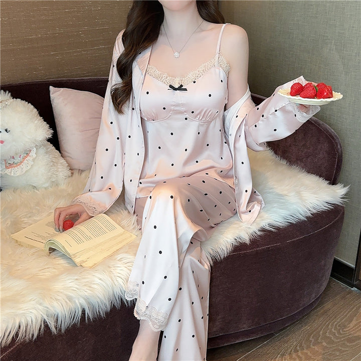 Luxury Women's Ice Silk Polka Dot Pajama Set with Lace – 3-Piece Sleepwear-SH-PJS-0115