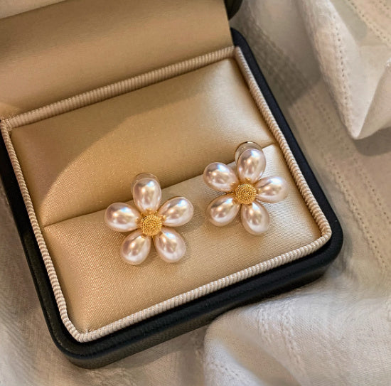 Sterling Silver Needle Flower Pearl Stud Earrings – Elegant Floral Design for Women-SH-FJ-002