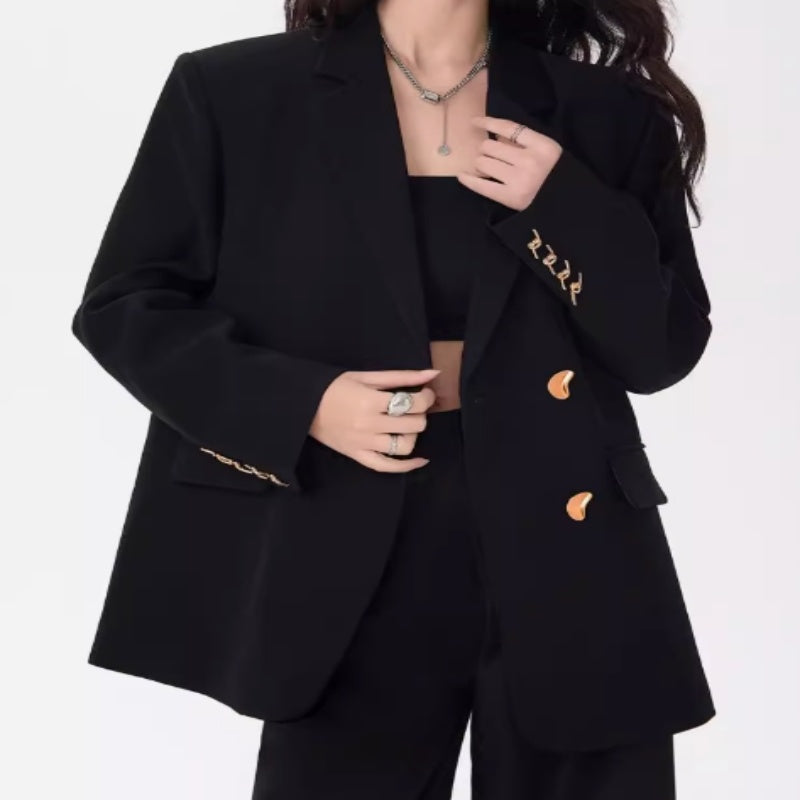 Women's Loose Fit Plaid Blazer – Black Single-Breasted Checkered Suit Jacket-SH-TOP-004