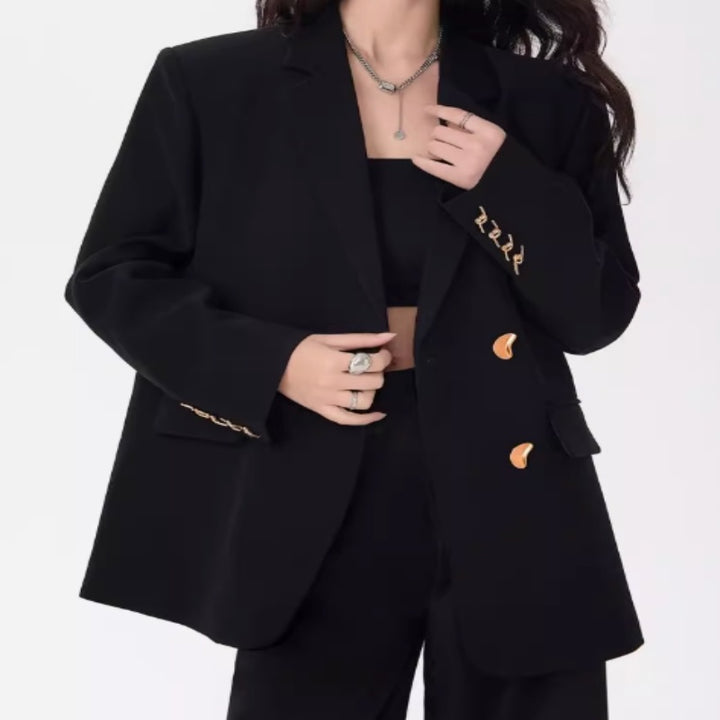 Women's Loose Fit Plaid Blazer – Black Single-Breasted Checkered Suit Jacket-SH-TOP-004