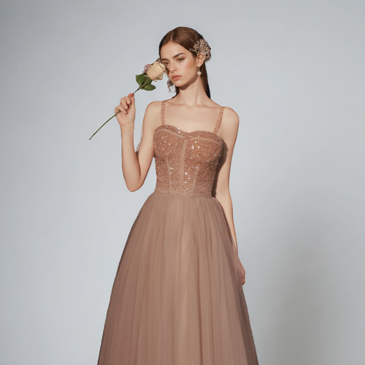 Golden Sleeveless Suspender Dinner Dress – Crystal Beaded Elegant Gown for Women-SH-WD-0413 - JOcaste