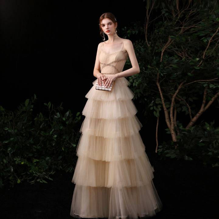 Gold Suspender Strapless Evening Dress Female Banquet Temperament Host