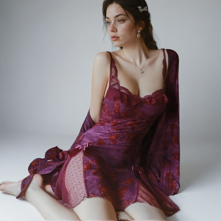 Sweet Butterfly Print Deep V Backless Nightdress with Chest Pad – Sexy & Comfortable Loungewear-SH-LNG-0121
