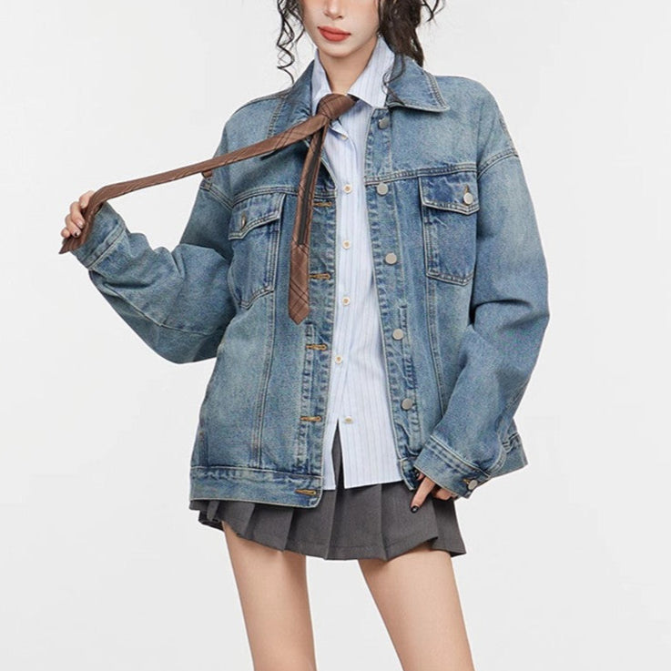 Women’s Retro Blue Loose Denim Coat – Long Sleeve Polo Collar Jacket-SH-TOP-001