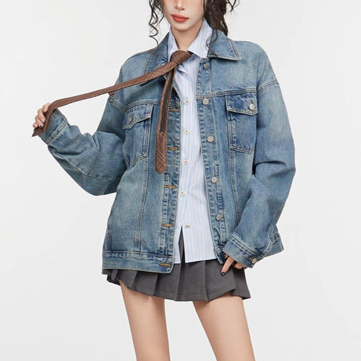 Women’s Retro Blue Loose Denim Coat – Long Sleeve Polo Collar Jacket-SH-TOP-001