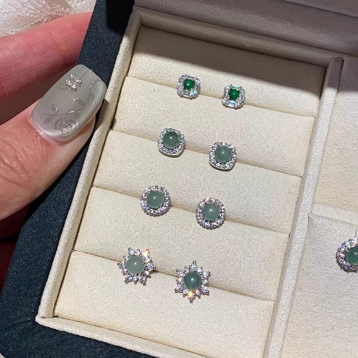 925 Sterling Silver Emerald Stud Earrings – Gold-Plated with Diamond Accents-SH-FJ-005