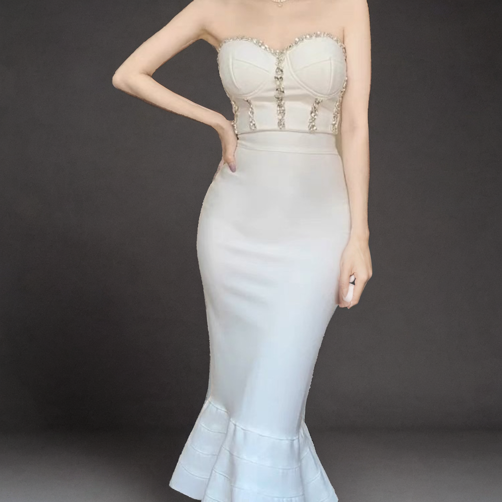 Rhinestone Fishtail Gown – Waist-Tight Sleeveless Evening Dress with Lotus Leaf Hem-SH-DR-0128