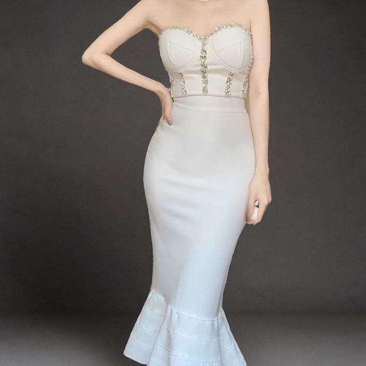 Rhinestone Fishtail Gown – Waist-Tight Sleeveless Evening Dress with Lotus Leaf Hem-SH-DR-0128