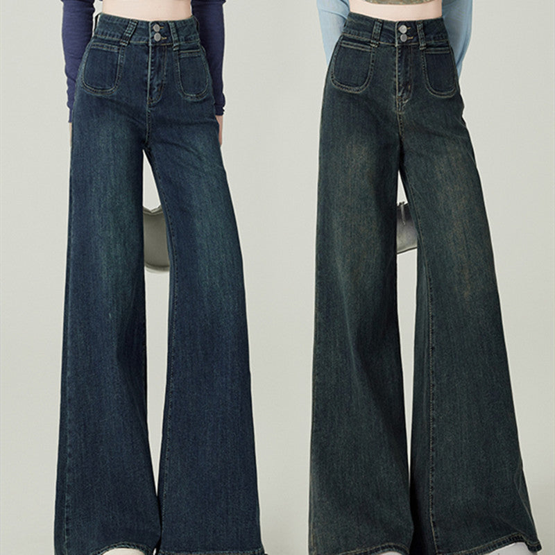 Women’s Vintage Blue High Waist Jeans – Distressed Multi-Pocket Denim-SH-BT-018