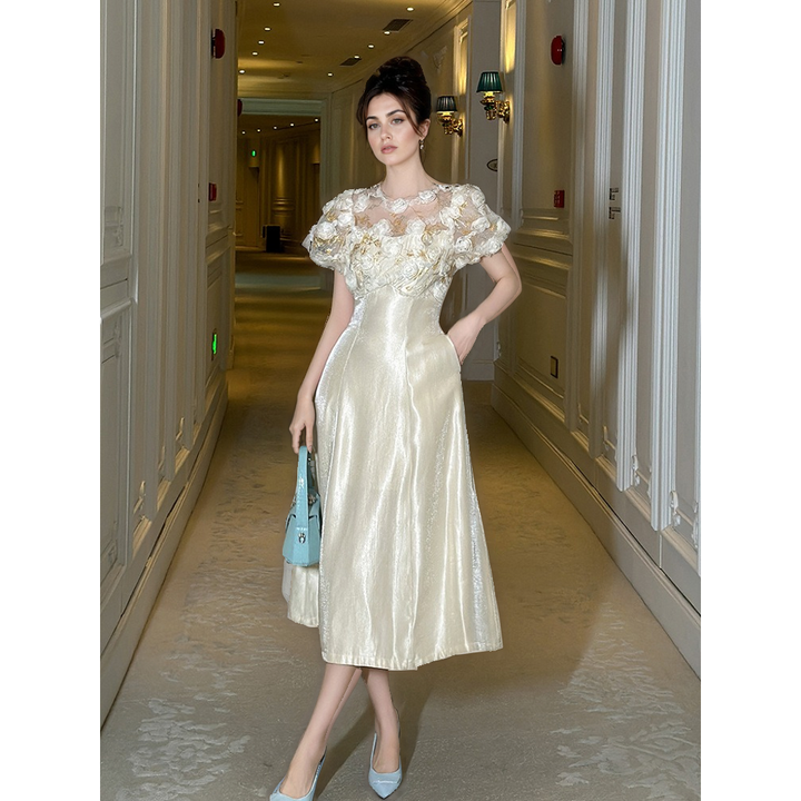 Champagne Puff Sleeve Draped Long Dress – High Waist Elegant Silhouette-SH-DR-0108