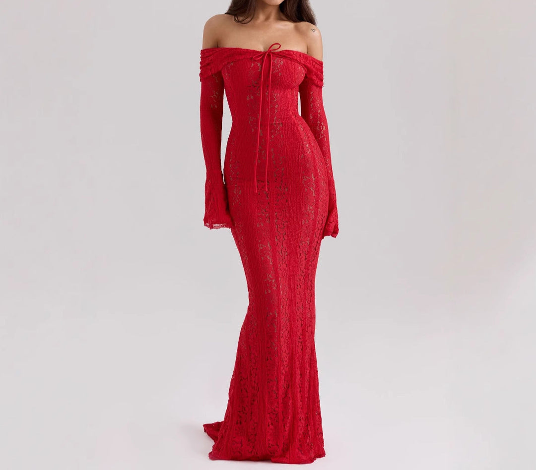 Elegant Off-Shoulder Lace Sheath Dress – Long Bell Sleeves & Hip-Hugging Silhouette-SH-TRD-005