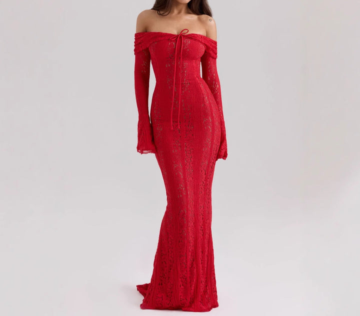 Elegant Off-Shoulder Lace Sheath Dress – Long Bell Sleeves & Hip-Hugging Silhouette-SH-TRD-005