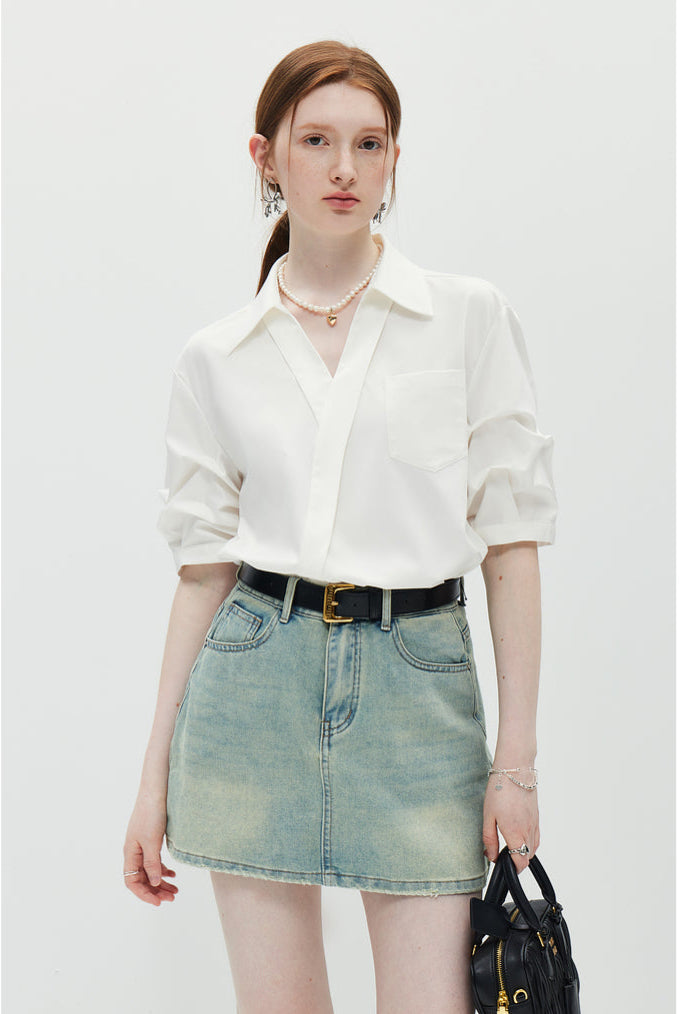 Elegant French V-Neck Stitching Blouse – Solid Color Half Sleeve Top for Women-SH-TOP-009