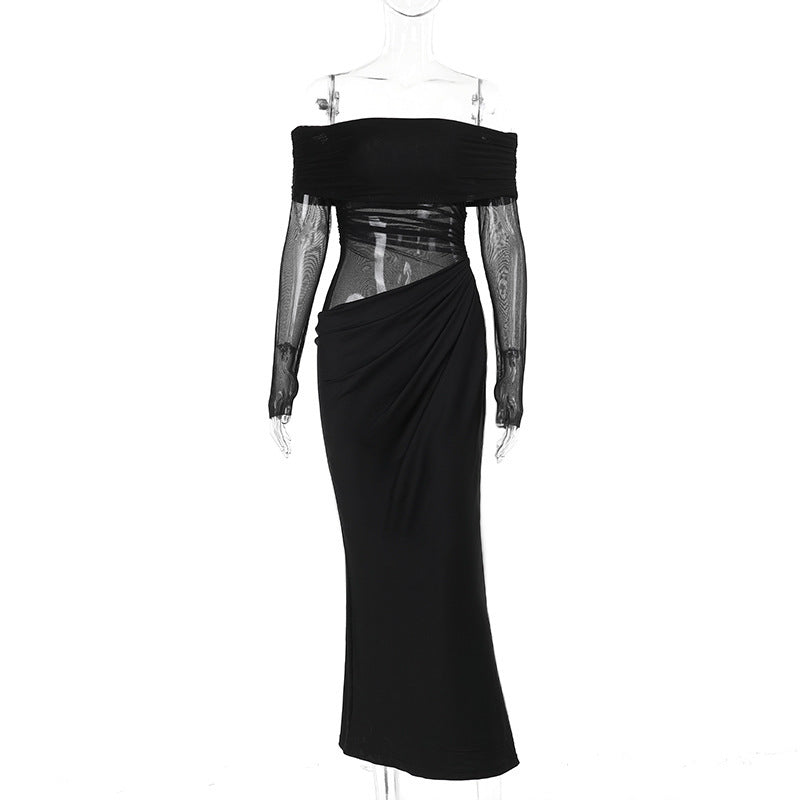 Off-Shoulder Mesh Hollow Dress – Black High Waist Long Sleeve Bodycon Dress for Women-SH-TRD-001