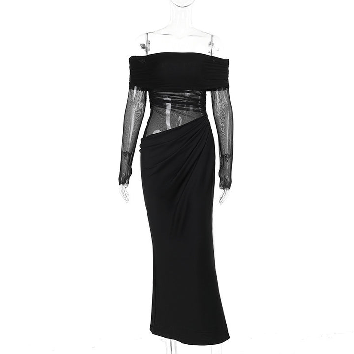 Off-Shoulder Mesh Hollow Dress – Black High Waist Long Sleeve Bodycon Dress for Women-SH-TRD-001