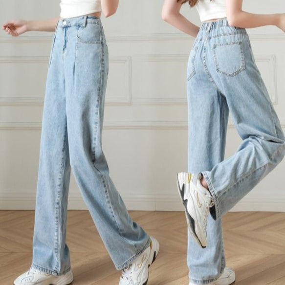 Women’s High-Waist Wide-Leg Jeans – Elastic Waist, Summer Lightweight Denim-SH-BT-019