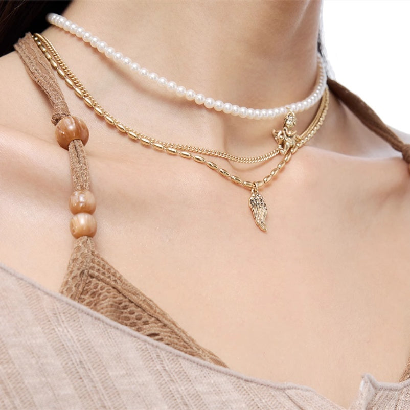 Retro Angel Pearl Feather Necklace – Fog Gold Clavicle Chain with Extension-SH-FJ-015