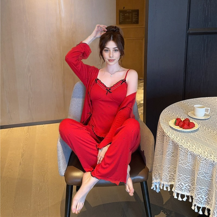 Women’s Modal Cotton Bowknot Pajama Set – 3-Piece Comfortable Sleepwear-SH-PJS-0116