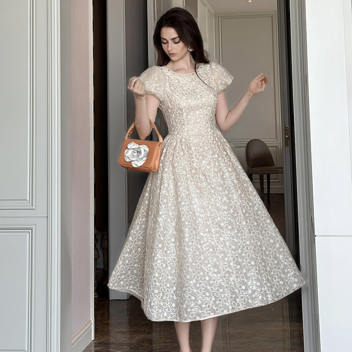 Puff Sleeve Wide Hem Lace Dress – Pink or Apricot Elegance-SH-DR-0112