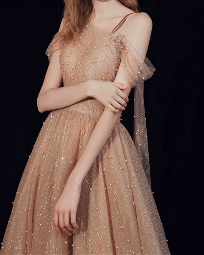 Elegant Brown Tulle Long Evening Dress – Bridal, Wedding Host & Performance Gown | XS–L