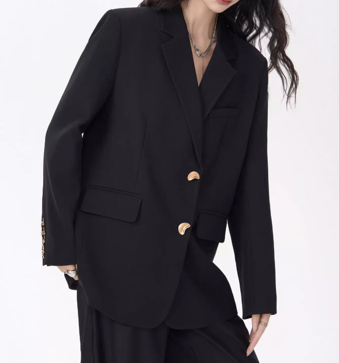 Women's Loose Fit Plaid Blazer – Black Single-Breasted Checkered Suit Jacket-SH-TOP-004