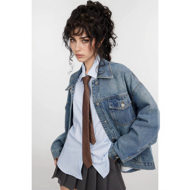Women’s Retro Blue Loose Denim Coat – Long Sleeve Polo Collar Jacket-SH-TOP-001