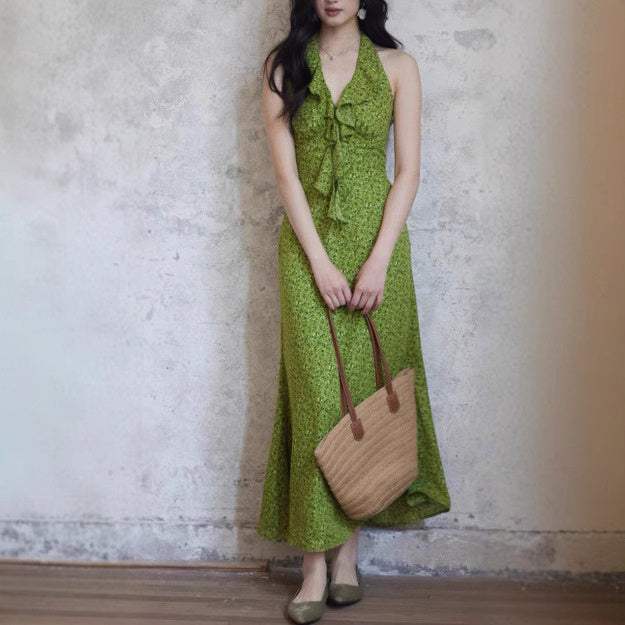 Retro Floral Sleeveless Split Dress – High Waist, Casual Korean Style-SH-KR-002