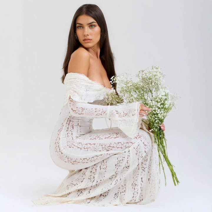 Elegant Off-Shoulder Lace Sheath Dress – Long Bell Sleeves & Hip-Hugging Silhouette-SH-TRD-005