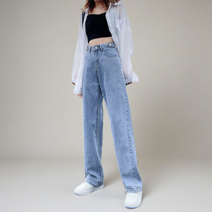 Women's High Waist Adjustable Straight Jeans – Loose Fit Cotton Denim Pants-SH-BT-009