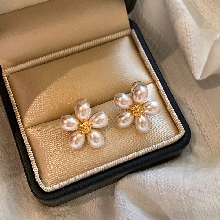 Sterling Silver Needle Flower Pearl Stud Earrings – Elegant Floral Design for Women-SH-FJ-002