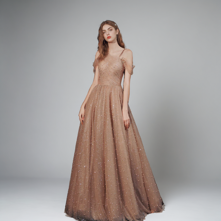 Elegant Brown Tulle Long Evening Dress – Bridal, Wedding Host & Performance Gown | XS–L