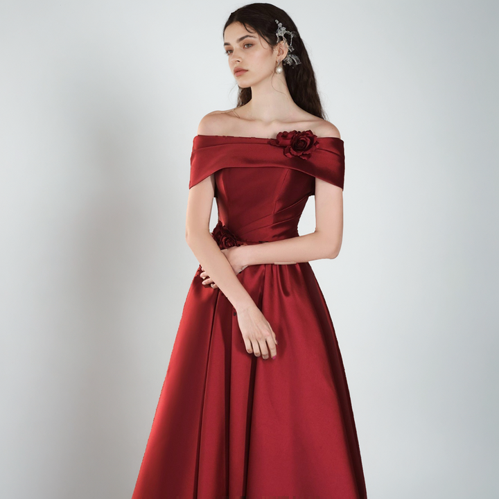 Off-Shoulder Satin Wine Red Wedding & Evening Dress with Flower Detail-SH-WD-04510