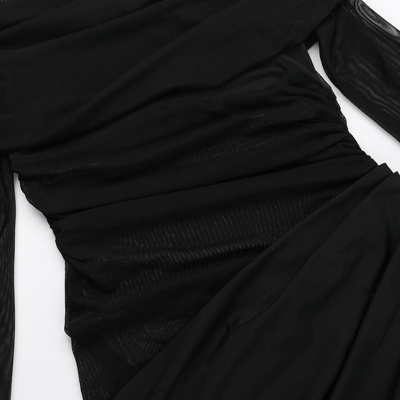 Off-Shoulder Mesh Hollow Dress – Black High Waist Long Sleeve Bodycon Dress for Women-SH-TRD-001
