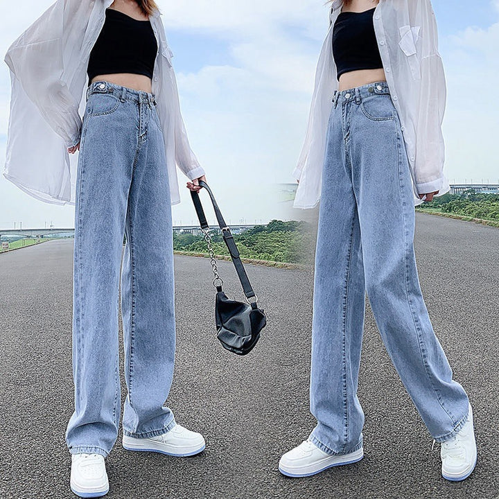 Women's High Waist Adjustable Straight Jeans – Loose Fit Cotton Denim Pants-SH-BT-009