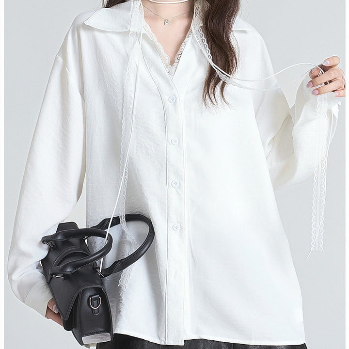 Lace Streamer Long Sleeve Blouse – White | Elegant & Feminine-SH-TOP-003