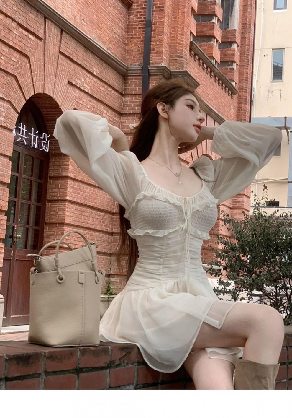 تنورة قصيرة جديدة فرنسية ذات خصر ضيق وأكمام منفوخة من Pure Desire على طراز الباليه