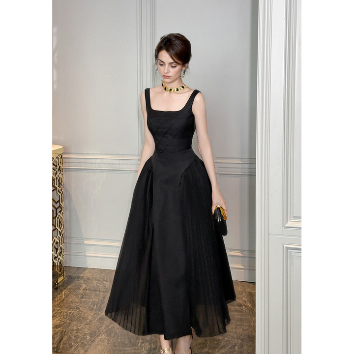 Design Sense Black Square-Neck High Waist Pleated Dress – Sleeveless-SH-DR-0103