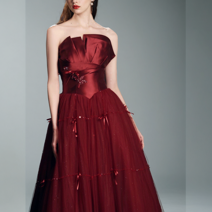 Women’s Wine Red Beaded Tube Top Gown-SH-WD-0459