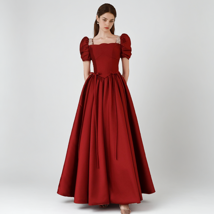 Elegant Wine Red Satin Evening Gown with Puff Sleeves-SH-WD-0456