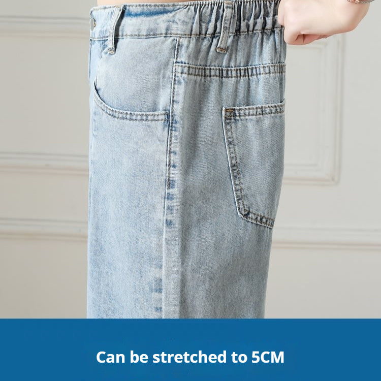 Women’s High-Waist Wide-Leg Jeans – Elastic Waist, Summer Lightweight Denim-SH-BT-019