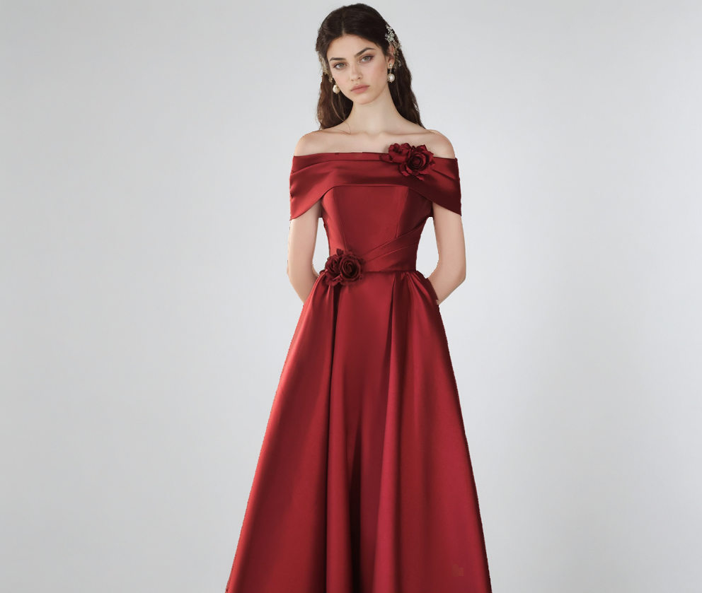 Off-Shoulder Satin Wine Red Wedding & Evening Dress with Flower Detail-SH-WD-04510