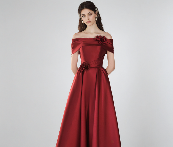 Off-Shoulder Satin Wine Red Wedding & Evening Dress with Flower Detail-SH-WD-04510
