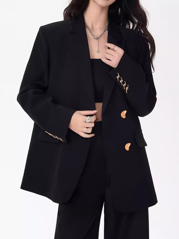 Women's Loose Fit Plaid Blazer – Black Single-Breasted Checkered Suit Jacket-SH-TOP-004