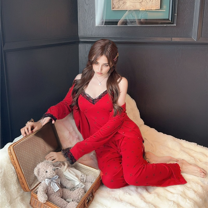 Women’s Modal Cotton Bowknot Pajama Set – 3-Piece Comfortable Sleepwear-SH-PJS-0116