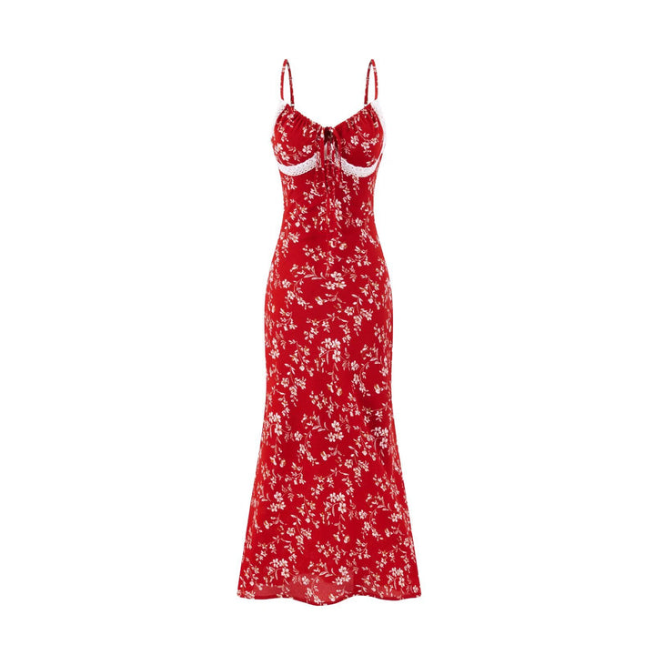 Vintage Red Floral Spaghetti Strap Dress – V-Neck Sleeveless Long Dress for Women-SH-TRD-002