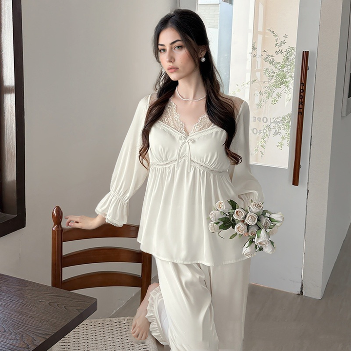 Women's French Style Ice Silk Long Sleeve Pajamas Set-SH-PJS-0120