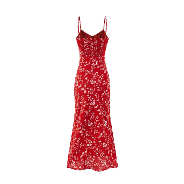 Vintage Red Floral Spaghetti Strap Dress – V-Neck Sleeveless Long Dress for Women-SH-TRD-002