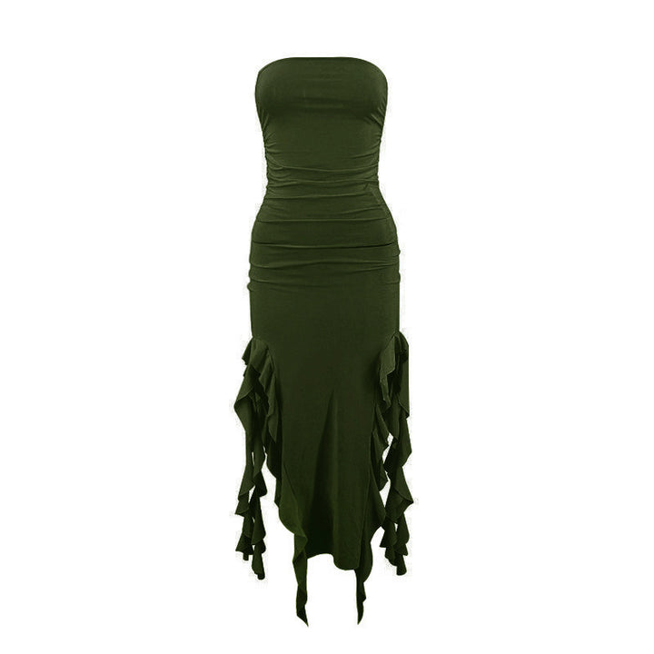 Women's Ruffled Tube Top Dress with Side Slit – High Waist Strapless Pullover Gown-SH-TRD-004