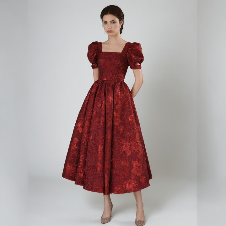 Elegant Puff Sleeve Satin Engagement Dress – Wine Red-SH-WD-0457